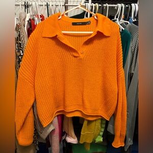 Vero Moda Bright Orange Cropped Knit Polo Sweater